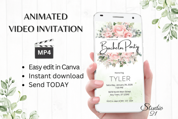 Pink Roses Bachelor Party Invite W5276: Instant Style for Modern Celebrations